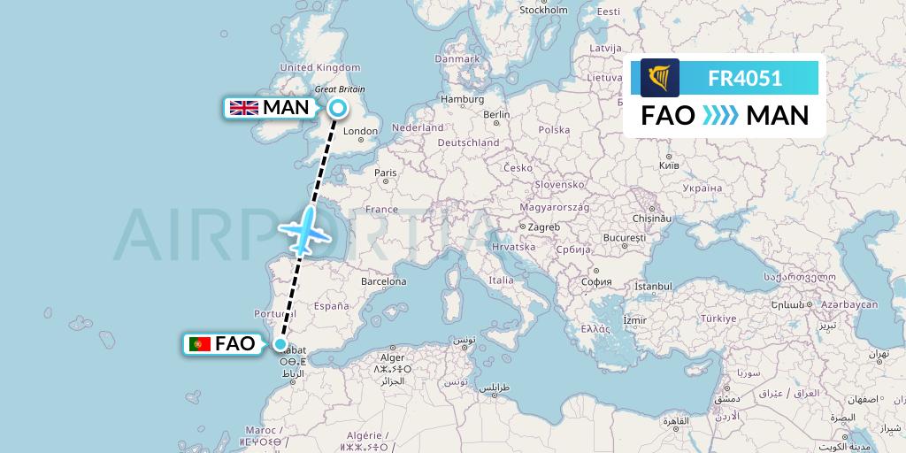 FR4051 Ryanair Flight Map: Faro to Manchester