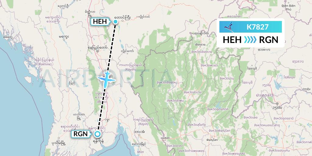 K7827 Air KBZ Flight Map: Heho to Yangon
