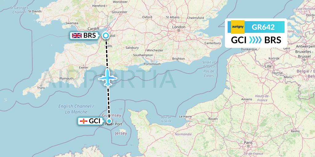 GR642 Aurigny Air Services Flight Map: Guernsey to Bristol