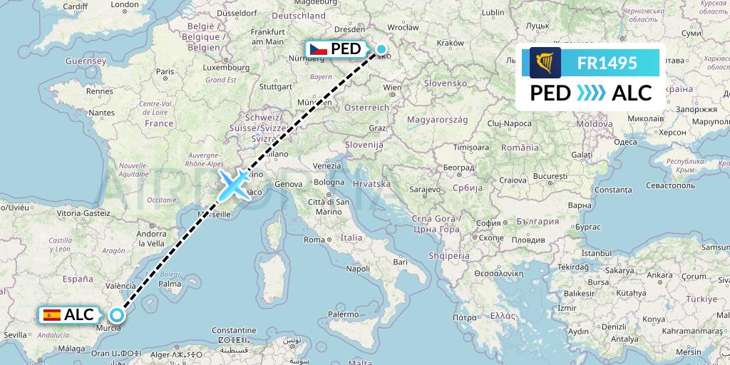 FR1495 Ryanair Flight Map: Pardubice to Alicante