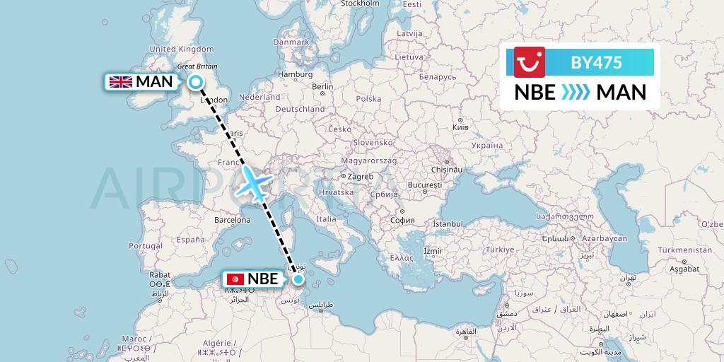 BY475 TUI Airways Flight Map: Enfidha to Manchester