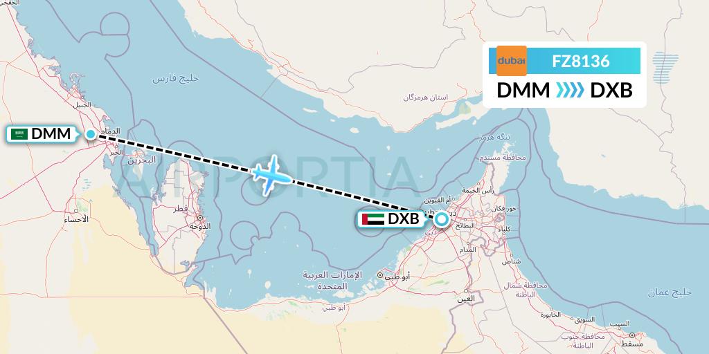 FZ8136 FlyDubai Flight Map: Dammam to Dubai