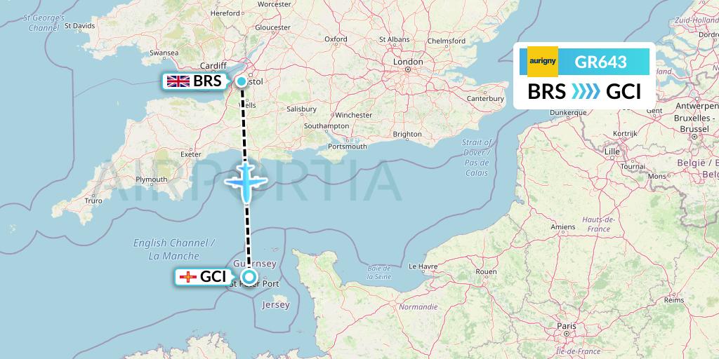 GR643 Aurigny Air Services Flight Map: Bristol to Guernsey