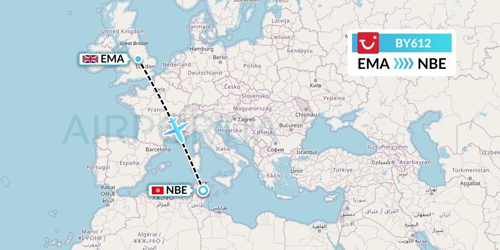 BY612 TUI Airways Flight Map: East Midlands to Enfidha