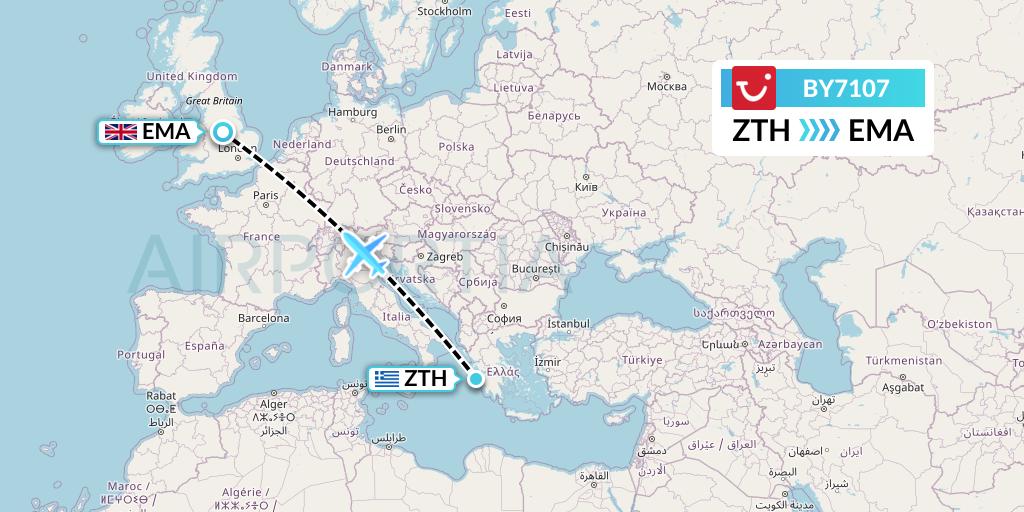 BY7107 TUI Airways Flight Map: Zakynthos to East Midlands