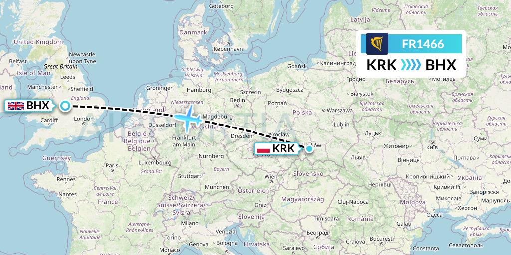 FR1466 Ryanair Flight Map: Krakow to Birmingham