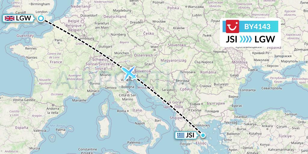 BY4143 TUI Airways Flight Map: Skiathos to London