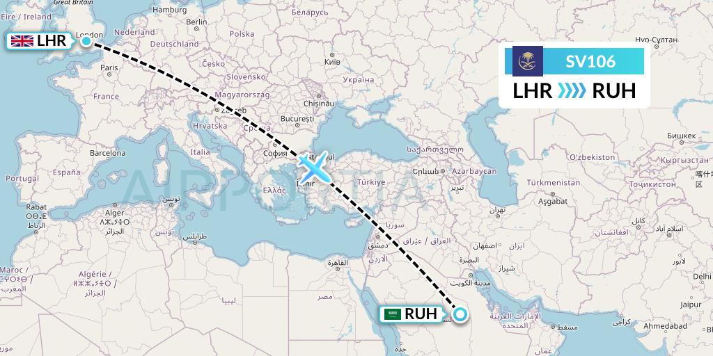 SV106 Saudi Arabian Airlines Flight Map: London to Riyadh