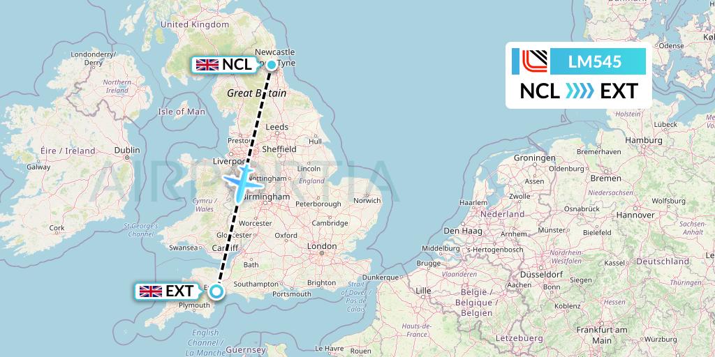 LM545 Loganair Flight Map: Newcastle to Exeter