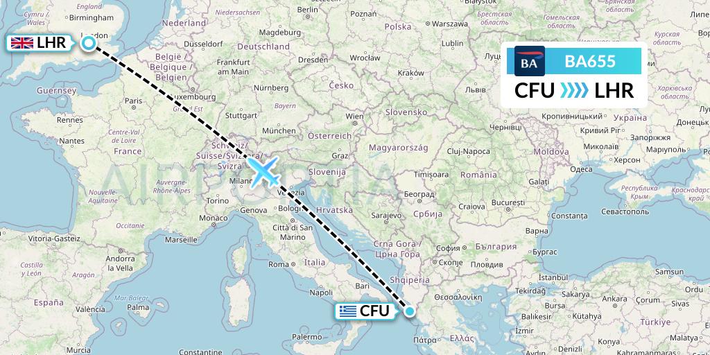 BA655 British Airways Flight Map: Corfu to London