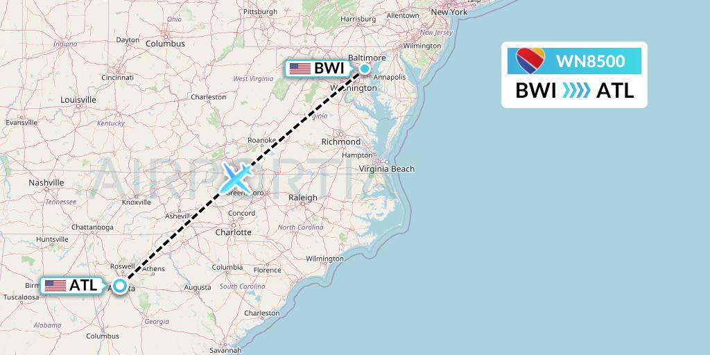 WN8500 Southwest Airlines Flight Map: Baltimore to Atlanta