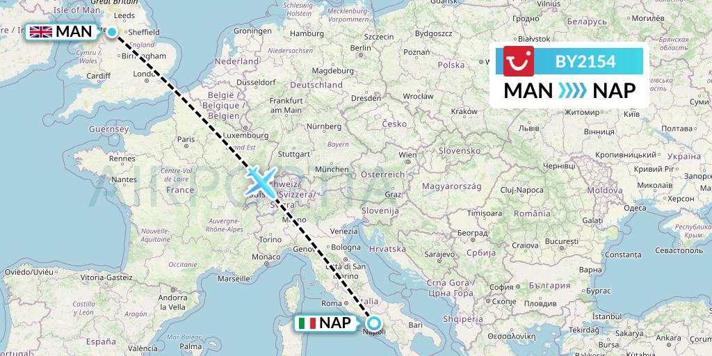 BY2154 TUI Airways Flight Map: Manchester to Naples