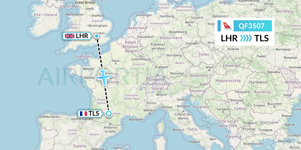 QF3507 Qantas Flight Map: London to Toulouse