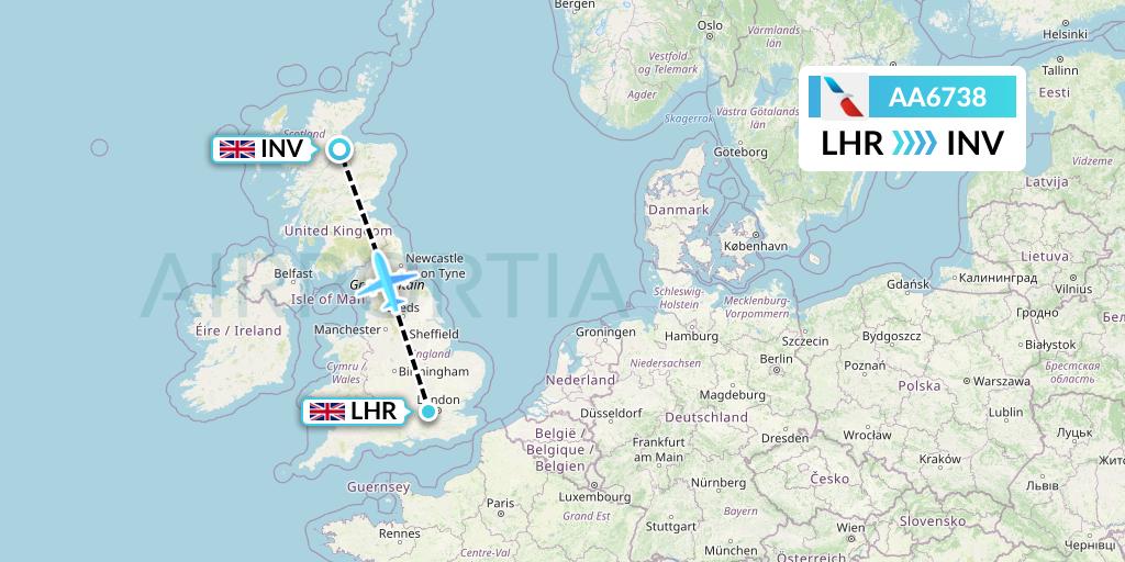 AA6738 American Airlines Flight Map: London to Inverness