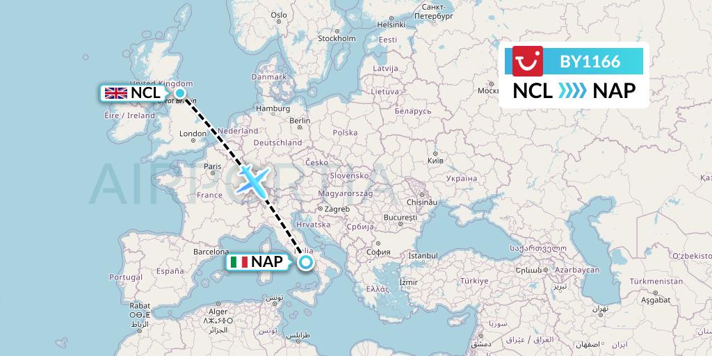 BY1166 TUI Airways Flight Map: Newcastle to Naples