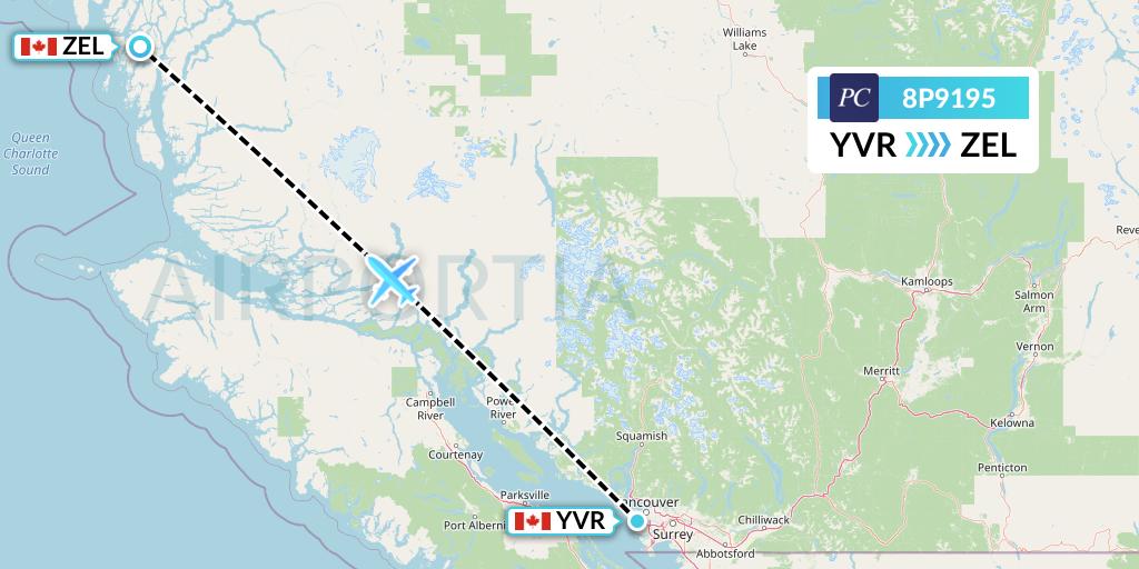 8P9195 Pacific Coastal Airlines Flight Map: Vancouver to Bella Bella
