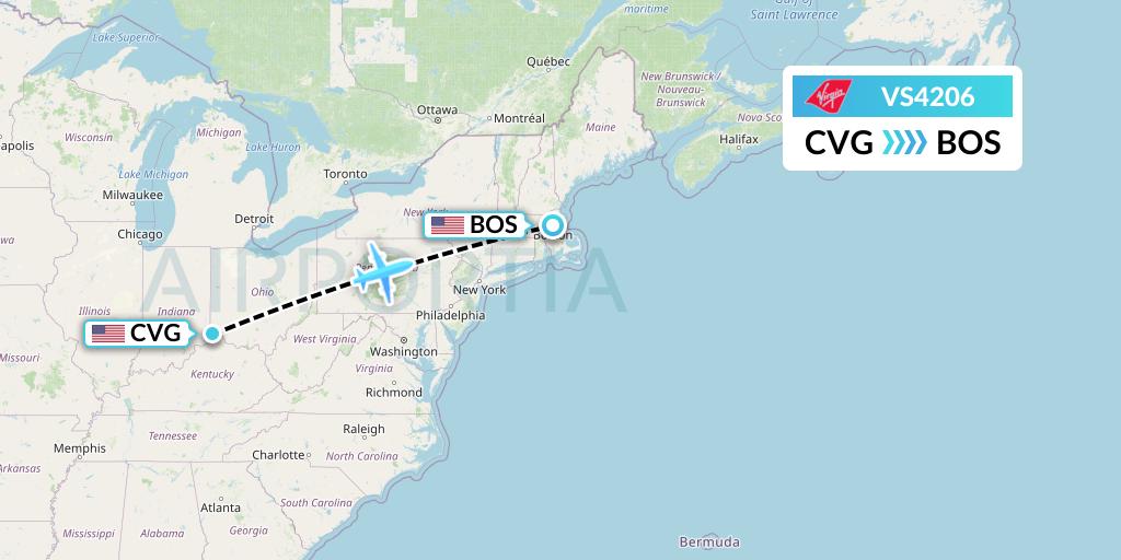 VS4206 Virgin Atlantic Airways Flight Map: Cincinnati to Boston