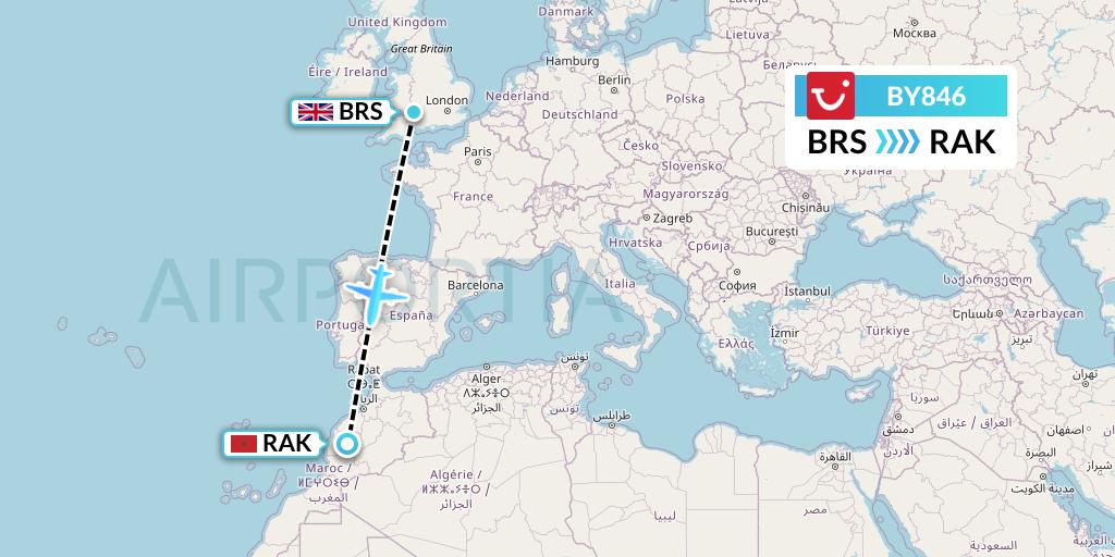 BY846 TUI Airways Flight Map: Bristol to Marrakesh 