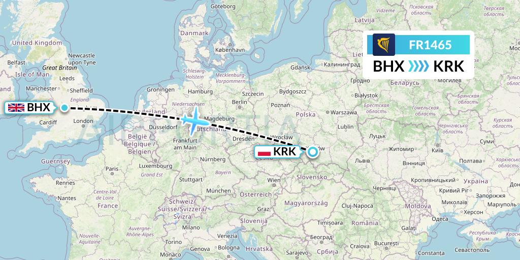 FR1465 Ryanair Flight Map: Birmingham to Krakow