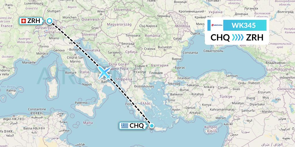 WK345 Edelweiss Air Flight Map: Chania to Zurich
