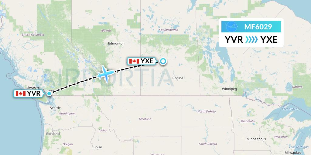 MF6029 Xiamen Airlines Flight Map: Vancouver to Saskatoon