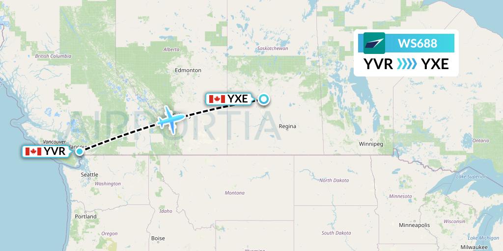 WS688 WestJet Flight Map: Vancouver to Saskatoon