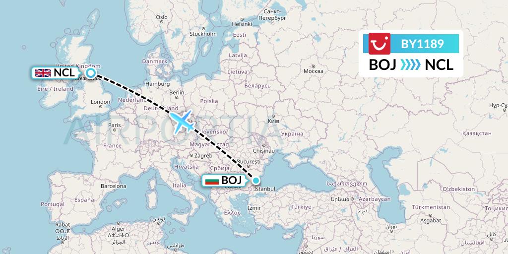 BY1189 TUI Airways Flight Map: Burgas to Newcastle