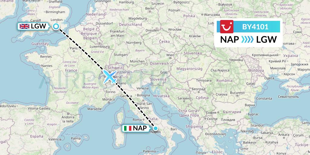 BY4101 TUI Airways Flight Map: Naples to London