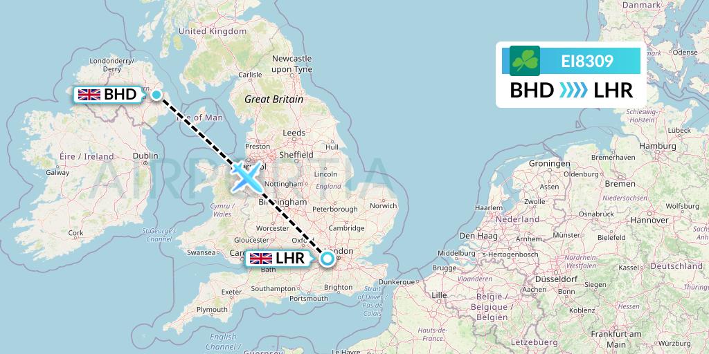 EI8309 Aer Lingus Flight Map: Belfast to London
