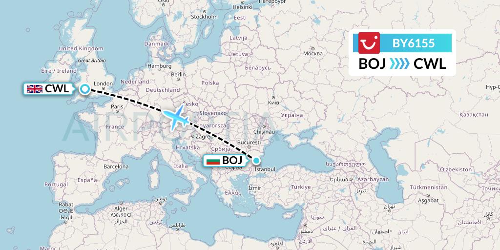 BY6155 TUI Airways Flight Map: Burgas to Cardiff