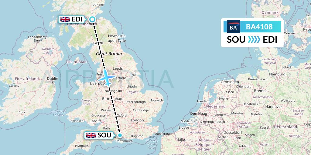 BA4108 British Airways Flight Map: Southampton to Edinburgh
