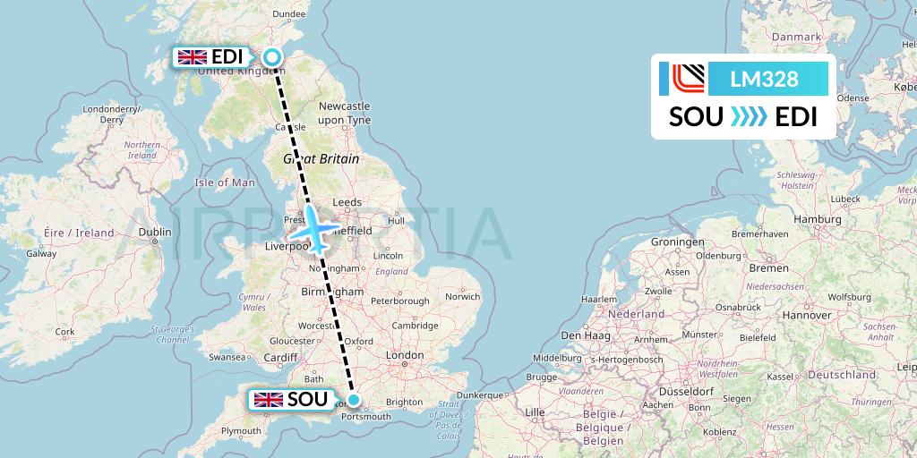 LM328 Loganair Flight Map: Southampton to Edinburgh