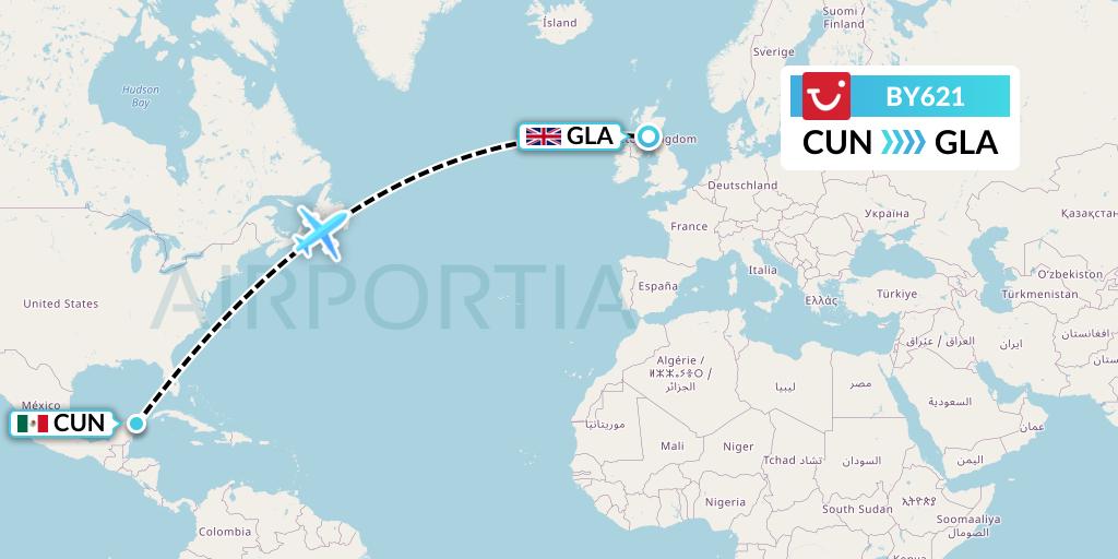 BY621 TUI Airways Flight Map: Cancun to Glasgow