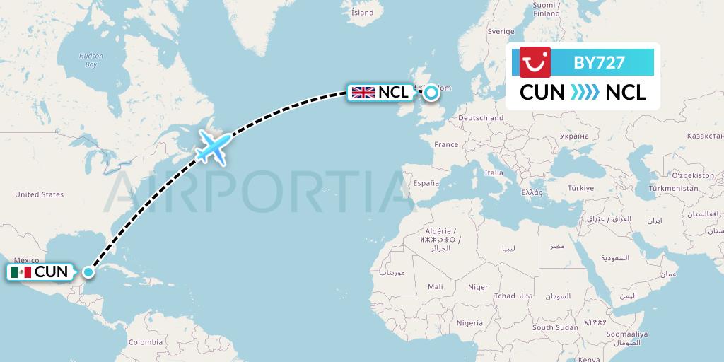 BY727 TUI Airways Flight Map: Cancun to Newcastle