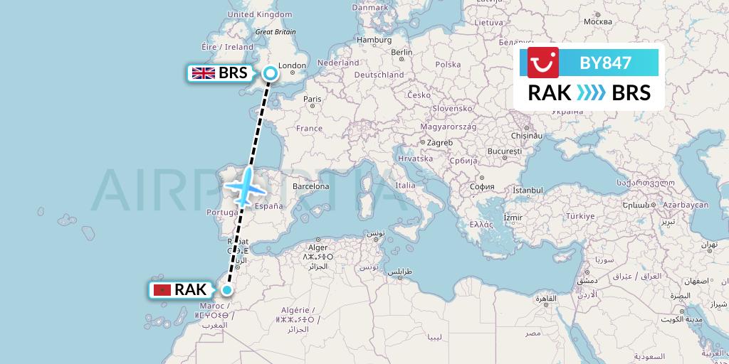 BY847 TUI Airways Flight Map: Marrakesh to Bristol