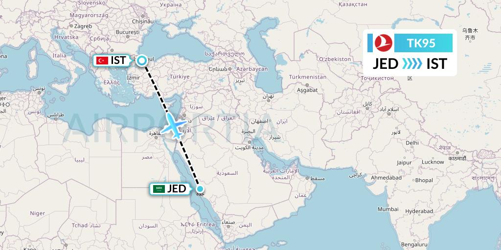TK95 Turkish Airlines Flight Map: Jeddah to Istanbul