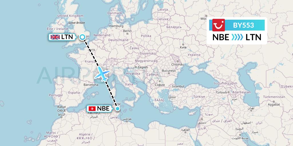 BY553 TUI Airways Flight Map: Enfidha to London