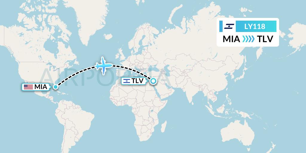 LY118 El Al Flight Map: Miami to Tel Aviv