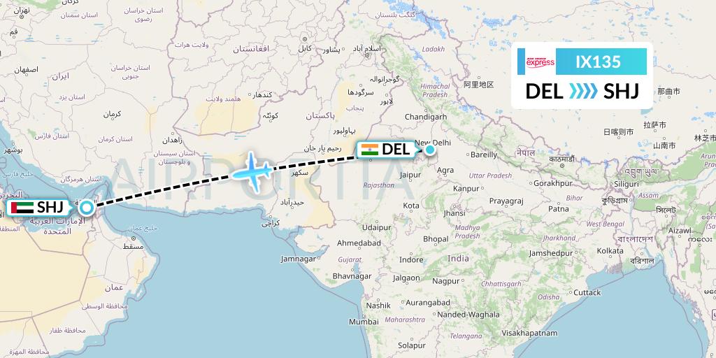 IX135 Air India Express Flight Map: Delhi to Sharjah