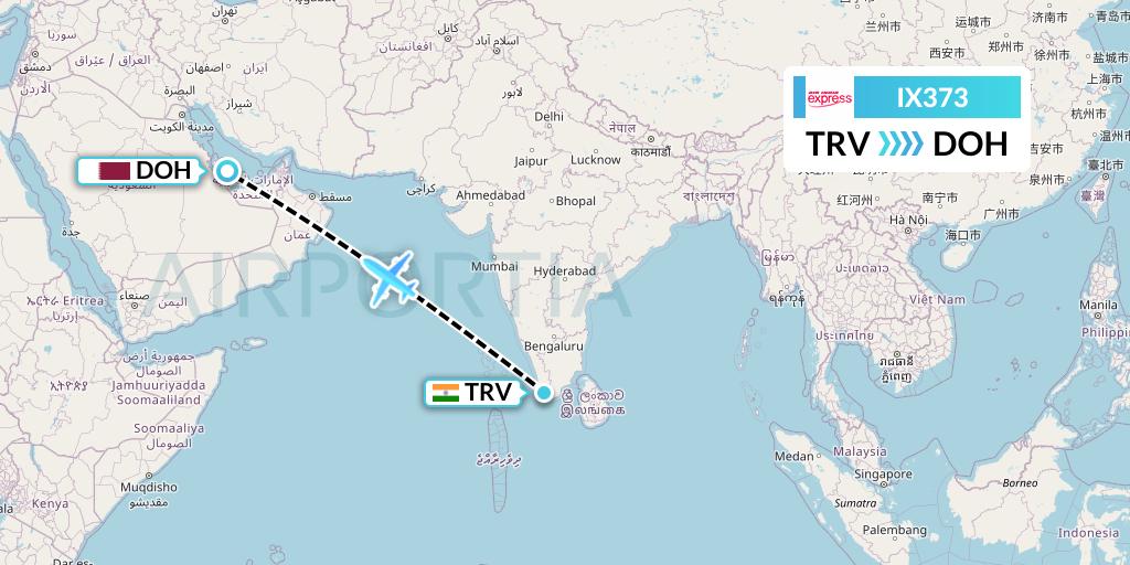 IX373 Air India Express Flight Map: Thiruvananthapuram to Doha