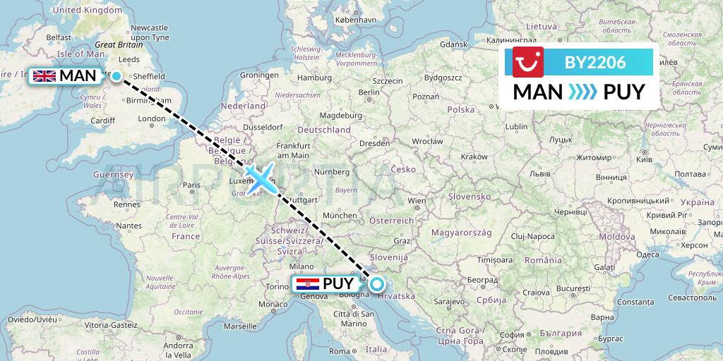 BY2206 TUI Airways Flight Map: Manchester to Pula