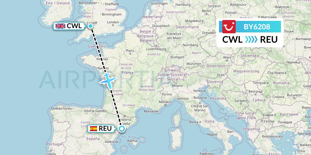 BY6208 TUI Airways Flight Map: Cardiff to Reus