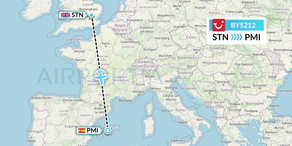 BY5212 TUI Airways Flight Map: London to Palma de Mallorca