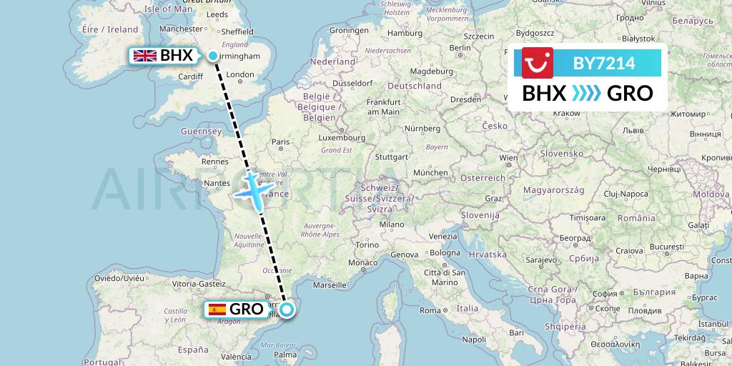 BY7214 TUI Airways Flight Map: Birmingham to Girona