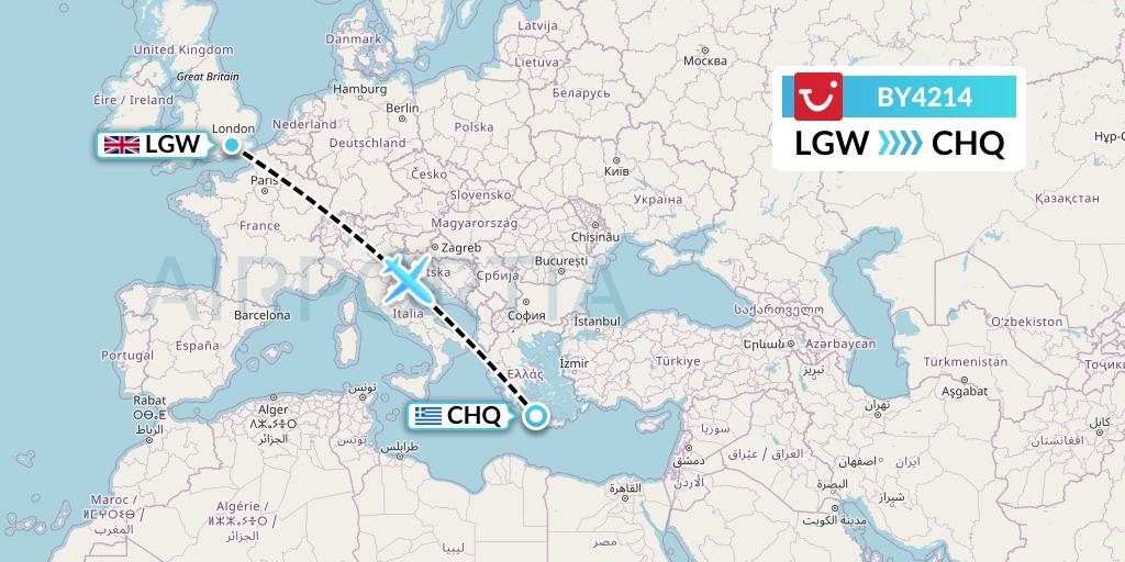 BY4214 TUI Airways Flight Map: London to Chania