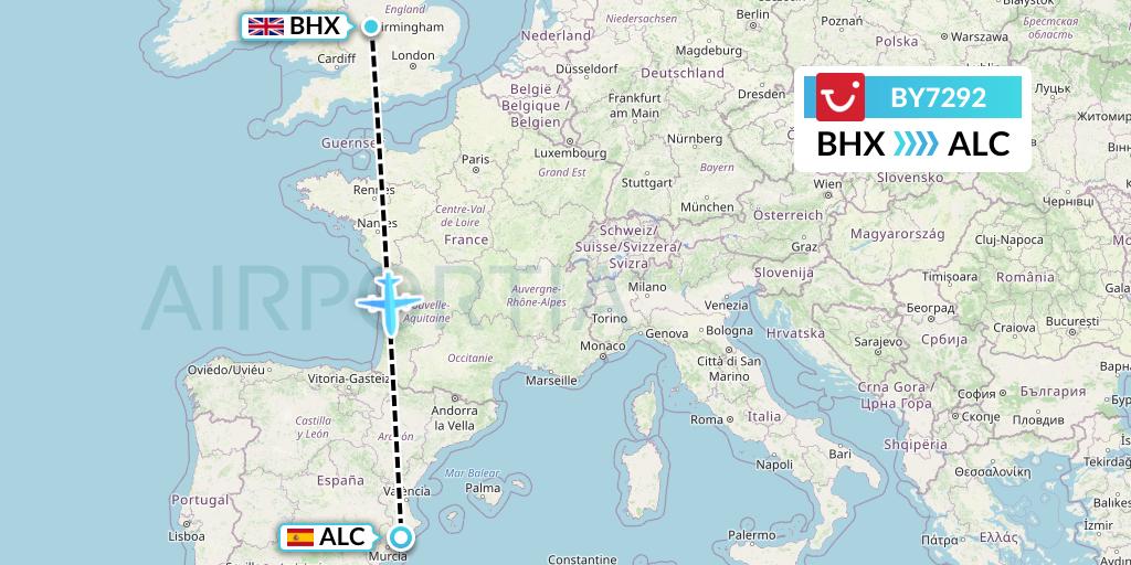 BY7292 TUI Airways Flight Map: Birmingham to Alicante