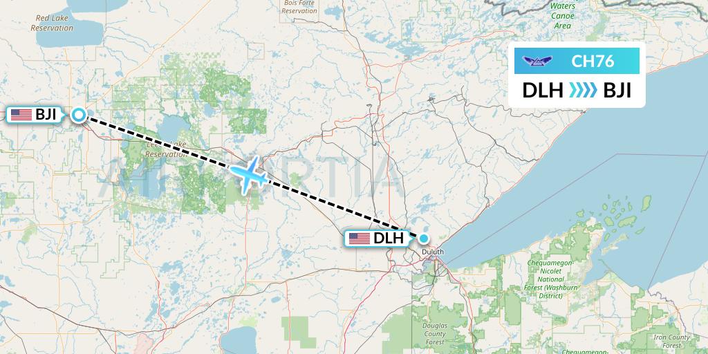 CH76 Bemidji Airlines Flight Map: Duluth to Bemidji
