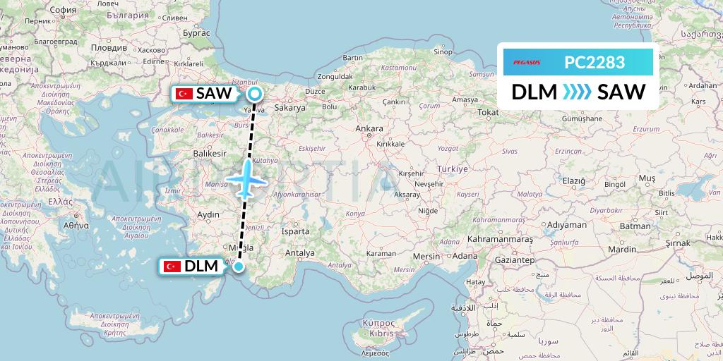 PC2283 Pegasus Airlines Flight Map: Dalaman to Istanbul