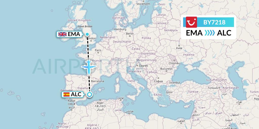 BY7218 TUI Airways Flight Map: East Midlands to Alicante