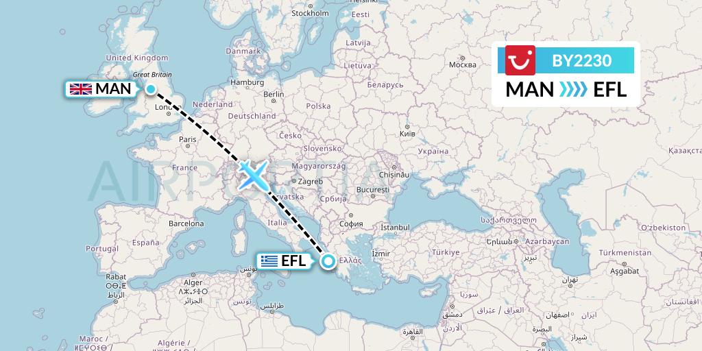 BY2230 TUI Airways Flight Map: Manchester to Kefalonia